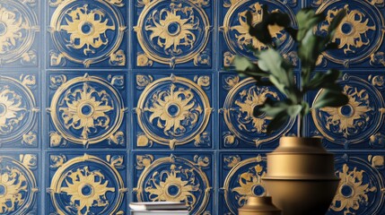 Mosaic wallpaper with ancient Greek-inspired tile patterns in deep blue and gold