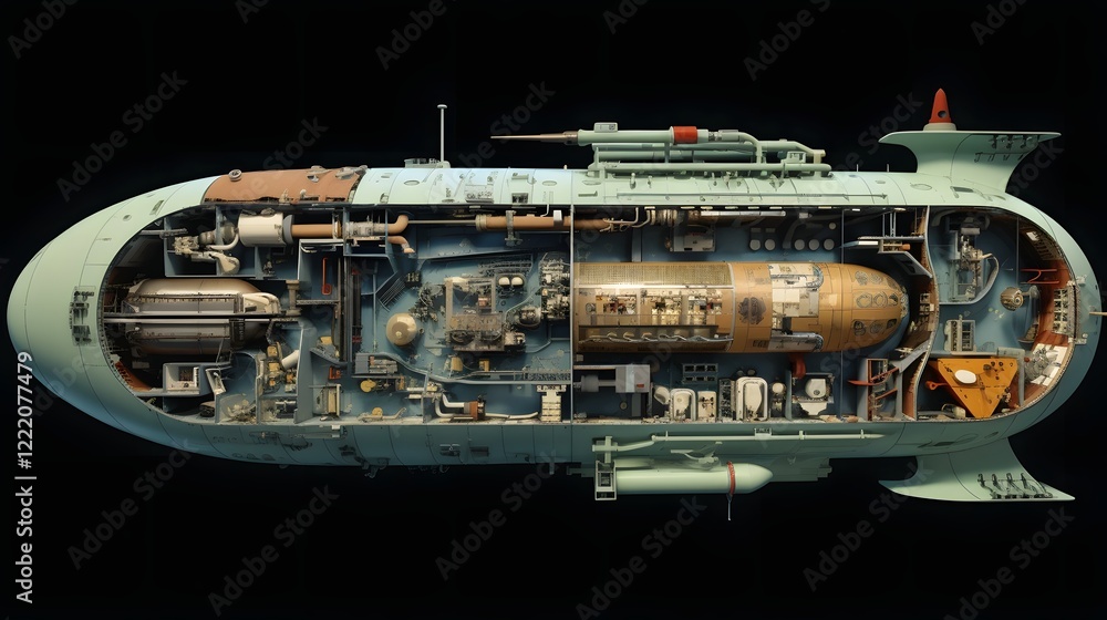 Poster detailed cross sectional diagram illustrating the intricate interior layout and engineering systems 