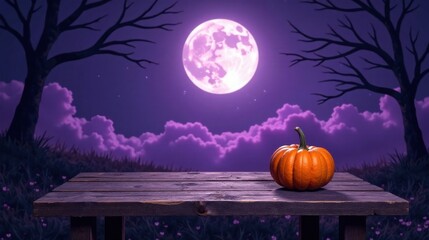 A rustic wooden table sits beneath a mystical purple night sky, illuminated by a large, pale moon, with a single autumn pumpkin resting peacefully atop it.