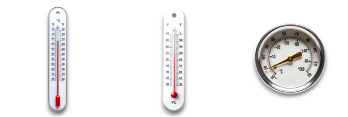 Isolated thermometers and clock on transparent background, ideal for visuals