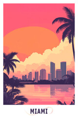 Miami USA, Florica state illustrated poster in retro style. Vintage travel booklet, postcard, print, cover with scenic skyline