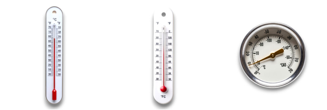 Isolated thermometers and clock on transparent background, ideal for visuals