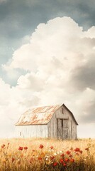 Fototapeta premium A rustic barn sits in a golden field, surrounded by colorful flowers, under a serene sky filled with fluffy clouds.