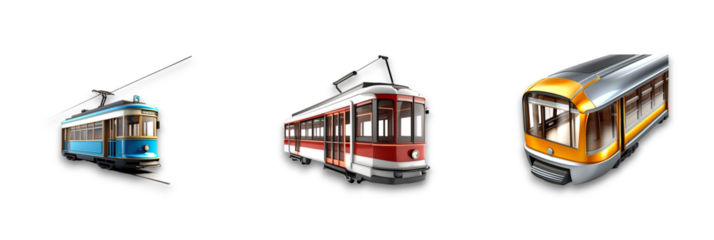 Isolated vehicles on a transparent background, including trains and trams
