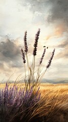 Fototapeta premium A serene landscape featuring tall lavender plants against a dramatic sky, evoking tranquility and natural beauty.