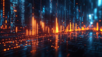 Glowing trend lines and 3D bar graphs for financial analysis in a cyberpunk setting. Generative AI