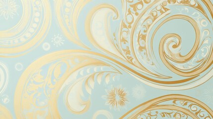 Paisley wallpaper with elegant swirls in muted gold and soft pastel blue