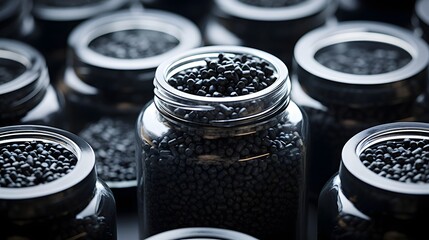 A close up macro shot of activated carbon pellets or granules inside a transparent glass jar  Activated charcoal is a highly porous material used for various industrial scientific