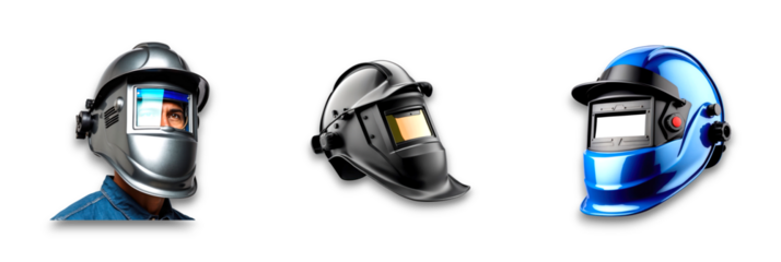 Isolated welding helmets on transparent background, showcasing protective gear