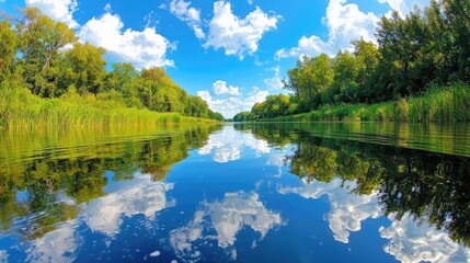Calm river reflecting sky, lush green banks, summer day, nature scene, ideal for travel brochures