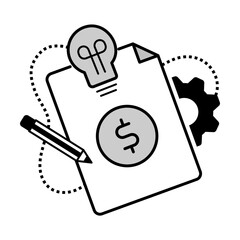 Finance Icon – Dollar Symbol with Document, Gear, and Pencil Representing Budget and Economic Planning