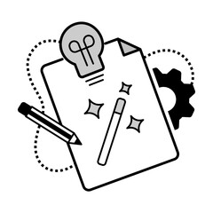Creative Idea Icon – Lightbulb with Document, Gear, and Pencil Representing Innovation and Brainstorming