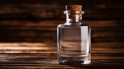 Glass Bottle with Cork Stopper on Wooden Background