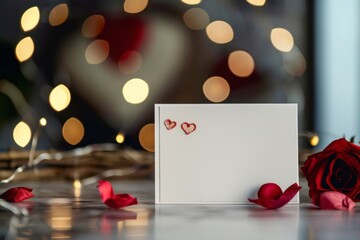 White Envelope with Heart Accents and Rose Petals on Table