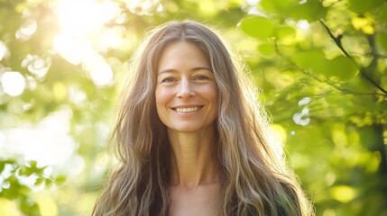 Naklejka premium Smiling Woman with Long Hair in Sunlit Green Forest Background