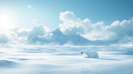 A solitary polar bear traverses a vast snowy landscape under a bright, cloud-filled sky in a serene Arctic scene