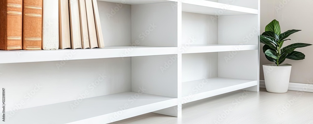 Poster clean design minimalist concept. stylish minimalistic bookshelf with books and a potted plant in mod
