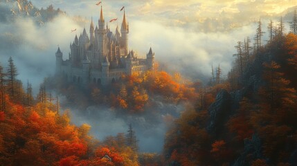 Majestic fairytale castle sits atop a misty mountain, surrounded by vibrant autumn foliage. Ideal for fantasy, fairytale, or autumnal themed projects, evoking a sense of wonder and magic.