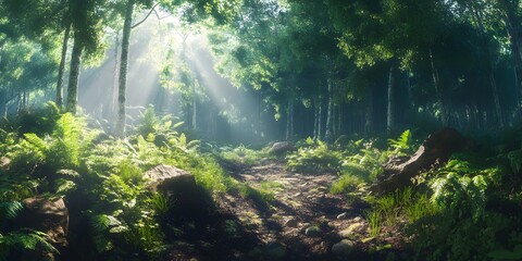 Panoramic View of Lush Rainforest with Sunlight Streaming Through the Tropical Canopy