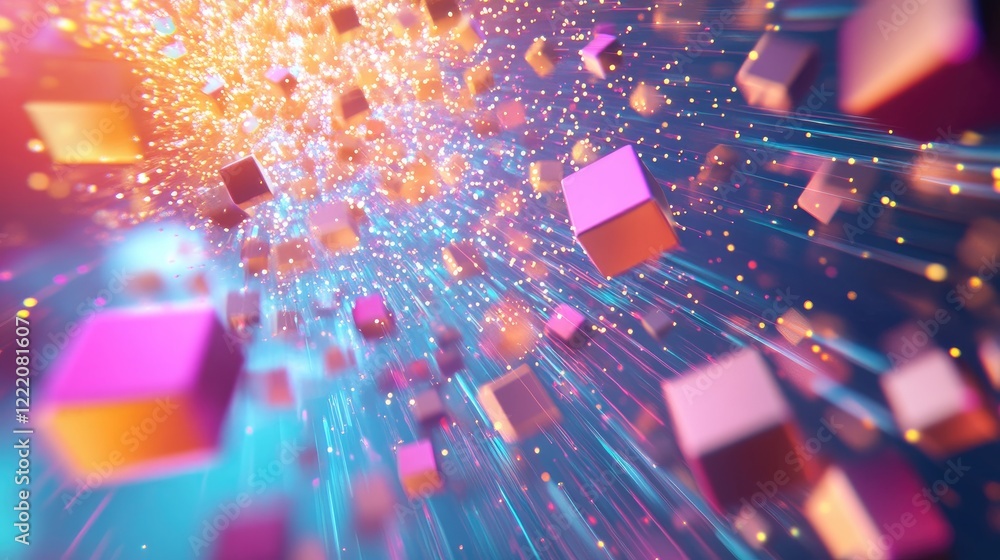 Aufkleber 3D abstract cubes in motion, with vibrant data streams connecting them, symbolizing the interconnection of information in digital ecosystems