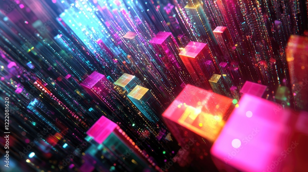 Aufkleber 3D abstract cubes in motion, with vibrant data streams connecting them, symbolizing the interconnection of information in digital ecosystems