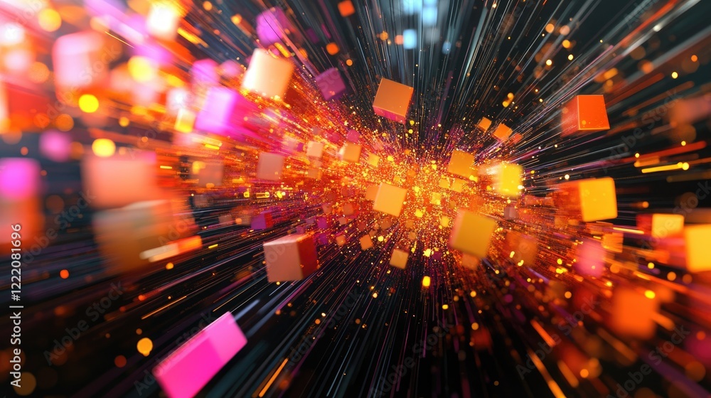 Aufkleber 3D abstract cubes in motion, with vibrant data streams connecting them, symbolizing the interconnection of information in digital ecosystems