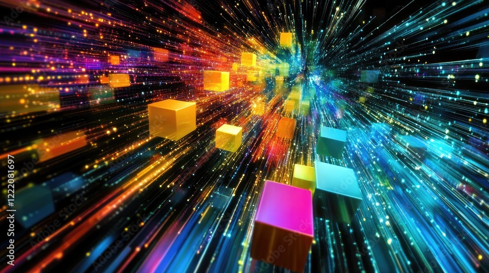 Aufkleber 3D abstract cubes in motion, with vibrant data streams connecting them, symbolizing the interconnection of information in digital ecosystems
