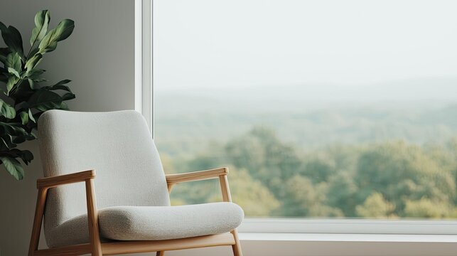Indoor air quality minimalist idea. Cozy chair by a large window, overlooking a serene natural landscape.