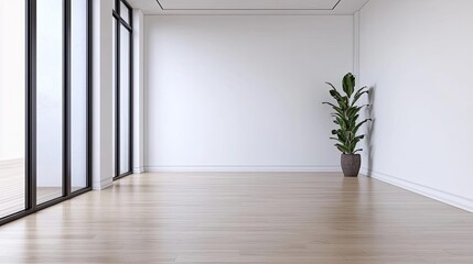 Obraz premium Clean design minimalist concept. Bright and spacious interior with large windows and a green plant in the corner.