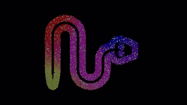 Icon snake is made up of LED square shapes that shimmer and flicker. There are black dead diodes. In-Out looped. Alpha BW at the end