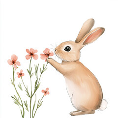 Minimalist Scene of a Rabbit Sniffing Colorful Flowers in a Serene Garden Setting Isolated on White Background Perfect for Nature Lovers and Animal Enthusiasts