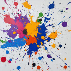 Obraz premium Abstract Color Burst: An explosion of vibrant, colorful paint splatters across a stark white canvas, capturing a moment of dynamic energy and artistic expression.