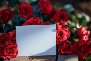 Blank Card Surrounded by Fresh Red Roses on a Wooden Surface