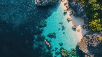 Fototapeta premium A breathtaking aerial view of Railay Beach and Phra Nang Cave Beach, featuring crystal-clear waters, dramatic limestone formations, and a tranquil tropical paradise in Krabi, Thailand