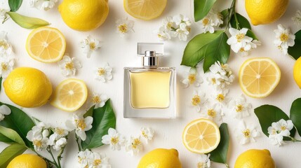 A clear perfume bottle framed by whole and sliced lemons, surrounded by scattered white flowers, with a soft neutral backdrop that creates a fresh, elegant atmosphere