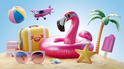 Summer vacation-themed 3D illustration featuring a pink flamingo float, tropical beach accessories, palm leaves, sunglasses, luggage, starfish, and a playful airplane in a bright sunny sky