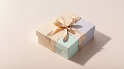 Elegant pastel gift box with gold ribbon on beige background.