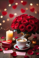 Fototapeta premium A romantic image displays red roses, a candle, coffee, and heart-shaped gifts scattered with rose petals.