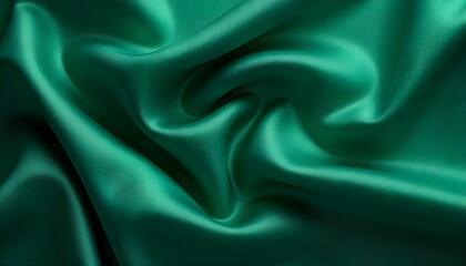 Obraz premium Dark green silk satin background. Beautiful soft folds on the smooth surface of the fabric. Luxury background with copy space for design. Wide banner. Top view. Flat lay
