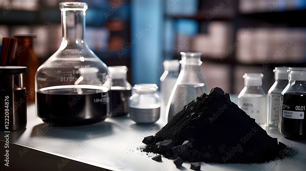 Poster mesmerizing close up view of dark carbon black powder in a professional laboratory environment showc