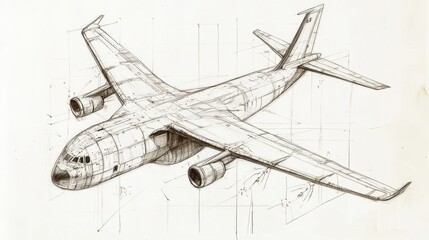 Detailed Sketch of an Airplane Design with Technical Annotations