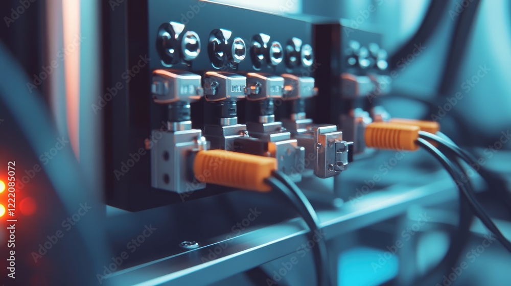 Poster A collection of fiber optic connectors attached to a control box in a clean, technical setting, symbolizing professional electronics and communication infrastructure
