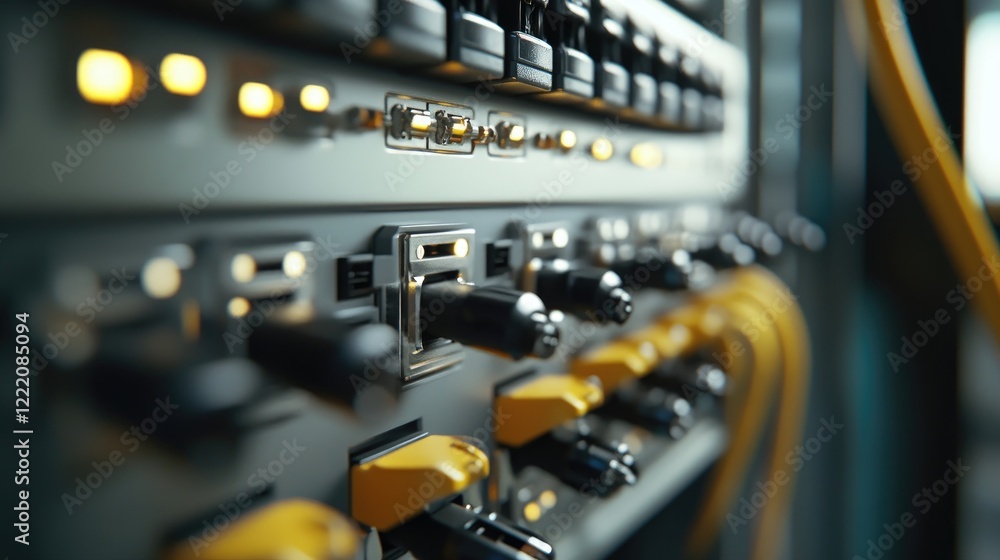 Poster A collection of fiber optic connectors attached to a control box in a clean, technical setting, symbolizing professional electronics and communication infrastructure