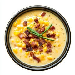 A bowl of creamy corn chowder with bacon bits, isolated white background, modern art style
