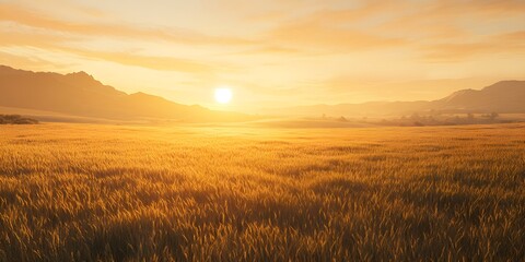 Obraz premium Panoramic View of a Sprawling Wheat Field Under the Golden Light of Sunrise in a Serene Landscape
