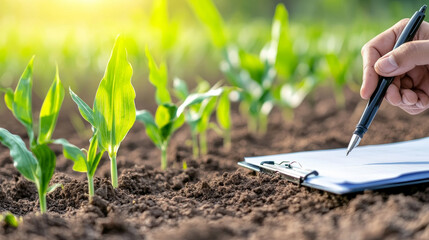 Person documenting growth of young corn plants in fertile soil, symbolizing sustainable farming and agricultural management, with a clipboard and pen capturing data amid vibrant sunlight.