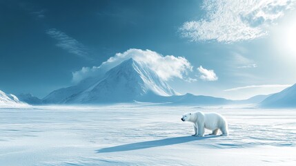 A majestic polar bear stands on the snowy Arctic landscape with mountains and skies filled with clouds and sunlight