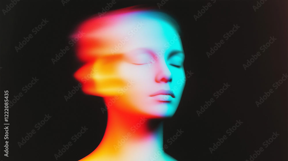 Poster abstract surreal human figure blending with soft, diffused colors on a black background. ethereal de