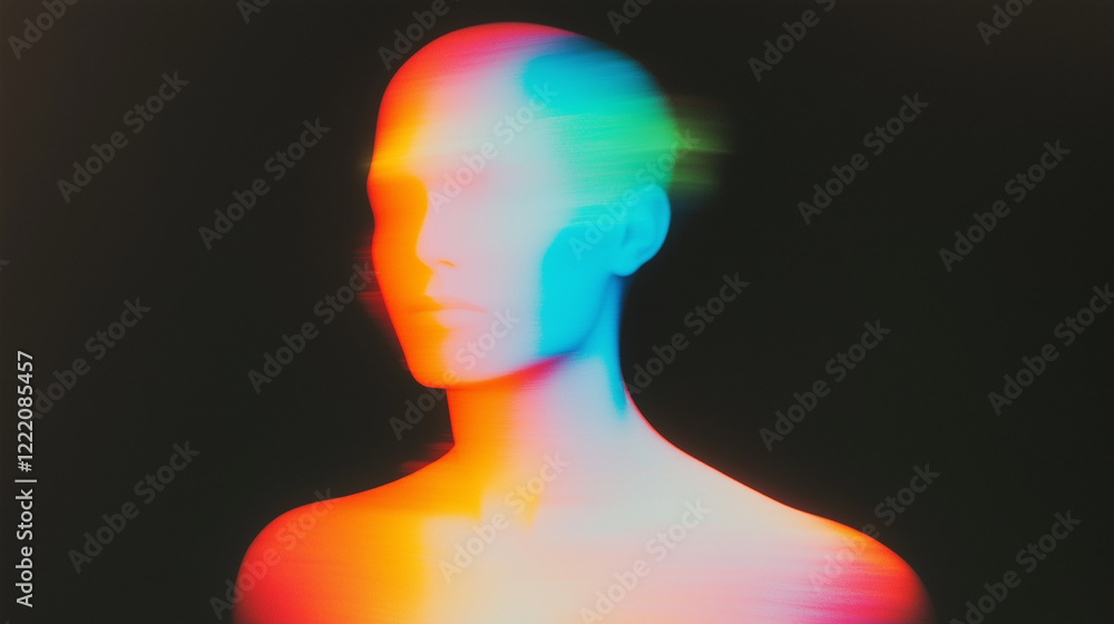 Poster abstract surreal human figure blending with soft, diffused colors on a black background. ethereal de