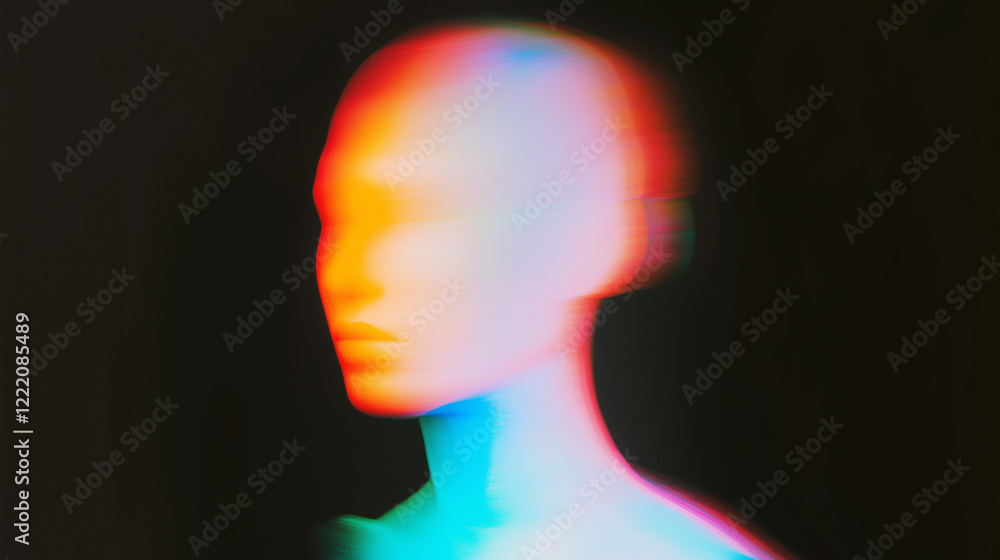 Poster abstract surreal human figure blending with soft, diffused colors on a black background. ethereal de